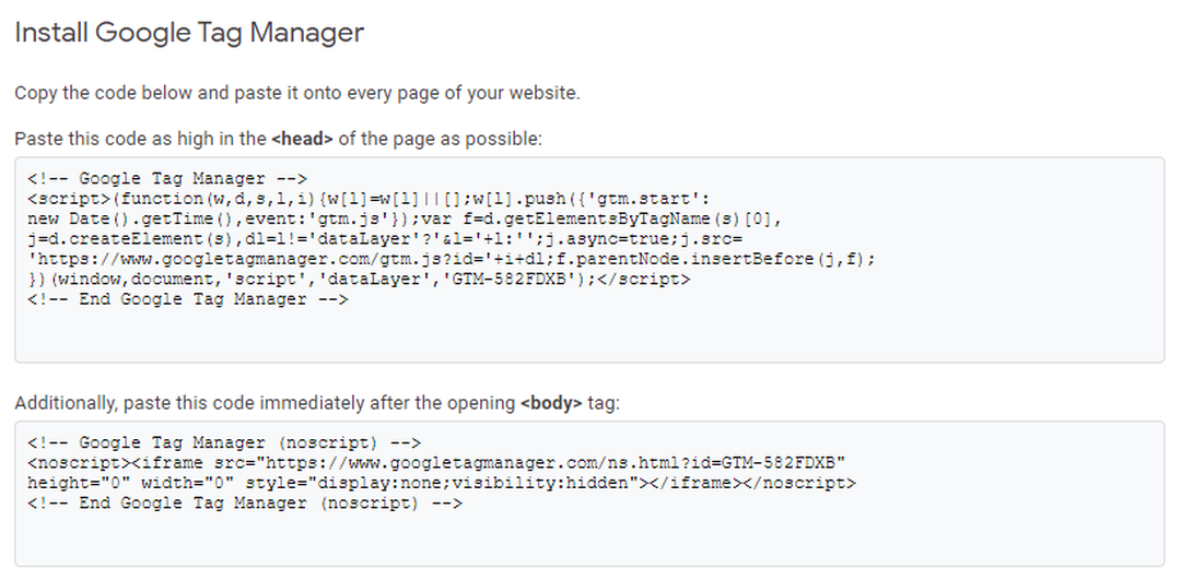 Google Tag Manager telepítési útmutató: a head-be kerülő script és a body nyitótag utáni noscript kódrészlet