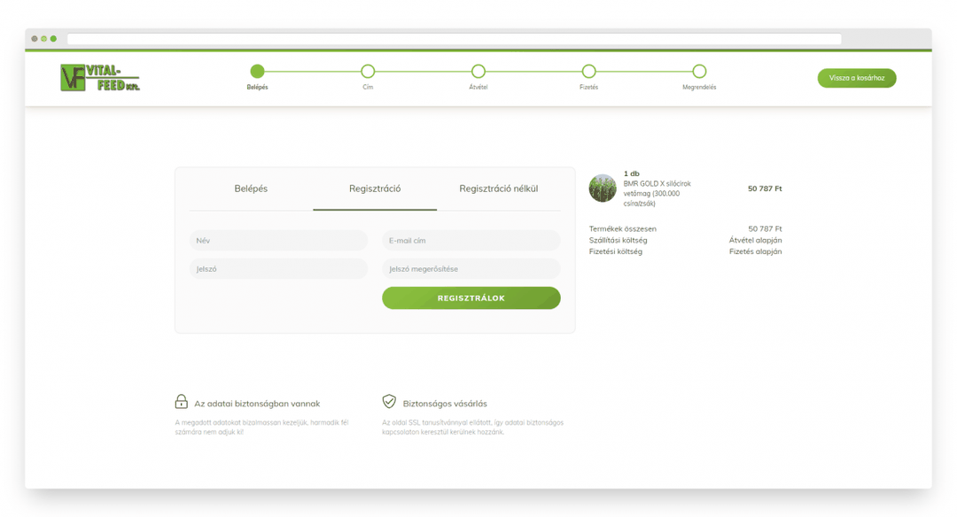 Partnerünk a Vital-Feed Kft. webáruházában a checkout könnyen áttekinthető és kialakításában támogatja a vásárlási folyamatot.
