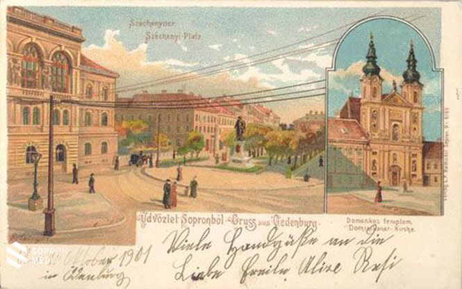 Az első képeslap, amelyet 1901-ben adtak postára, még az 1890-es évek második felében készülhetett, rajzos ún. litografált lap és Sopron első képeslapjai közé tartozhat