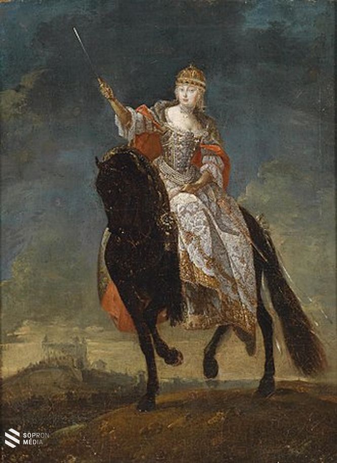 Mária Terézia a koronázási dombon a négy égtáj felé végrehajtott kardcsapás közben Pozsonyban, az 1741-es országgyűlést követően, ahol elhangzott a Vitam et sanguinem pro rege nostro!