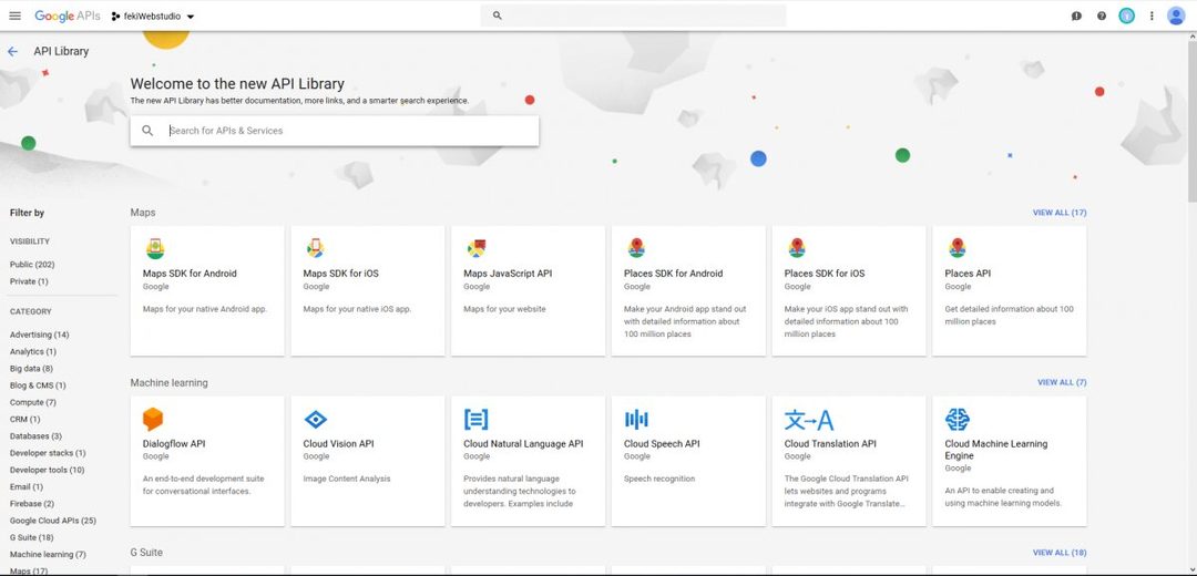 Az API Library kezdőoldala keresőmezővel, a Maps kategóriában a Maps JavaScript API csempével