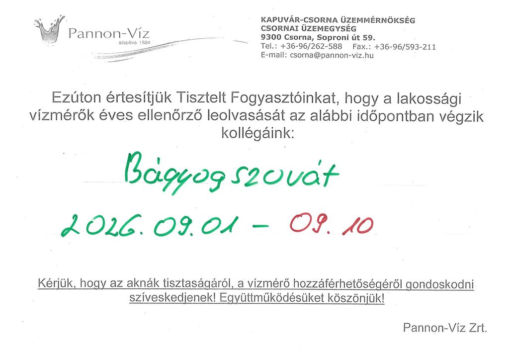 Vízmérők éves ellenőrzése