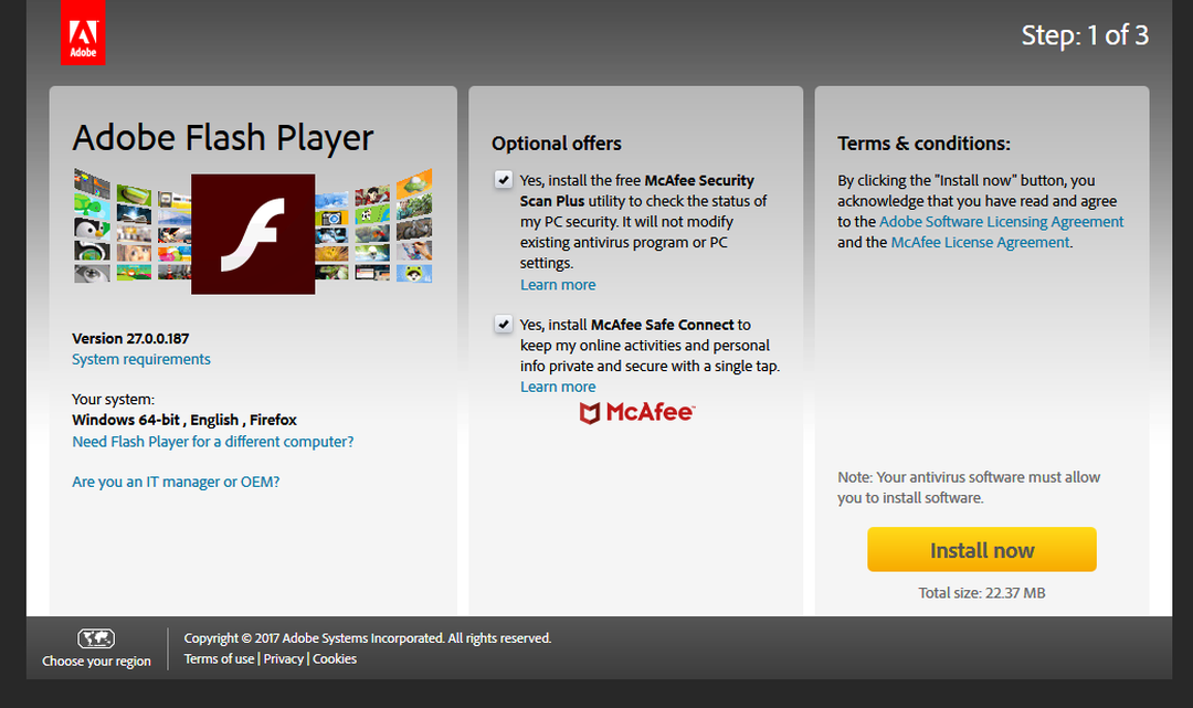 Az Adobe Flash Player letöltőoldala, középen két bepipált McAfee-ajánlattal, jobbra az Install now gombbal