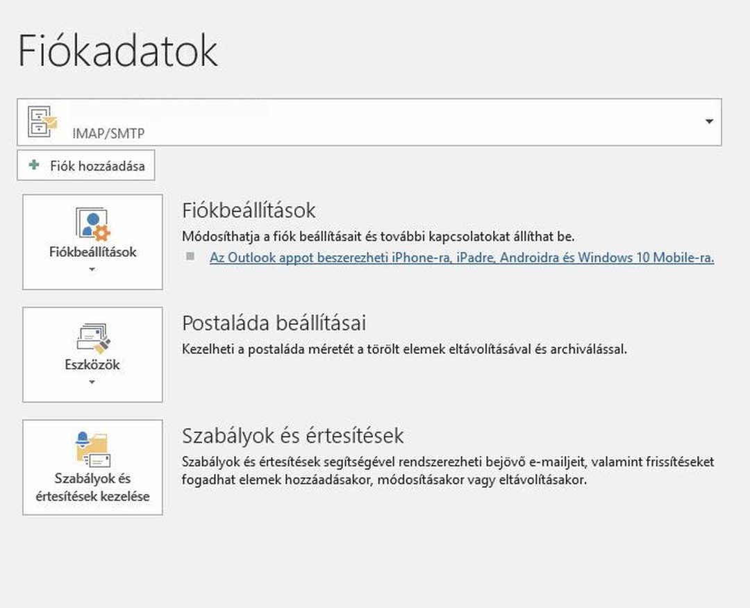 Outlook 2019 – Fiókadatok: a Fiók hozzáadása gomb