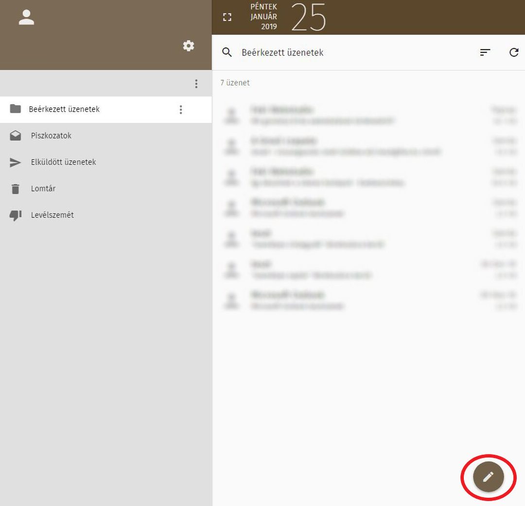 Webmail – az új üzenet gomb a jobb alsó sarokban bekarikázva