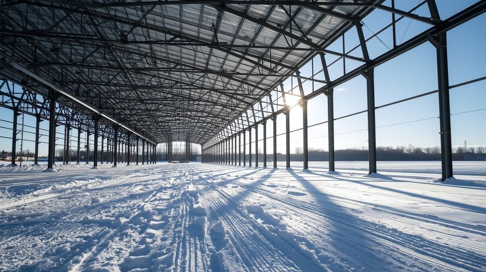 Csarnoképítés télen a Lajta-Dunánál 