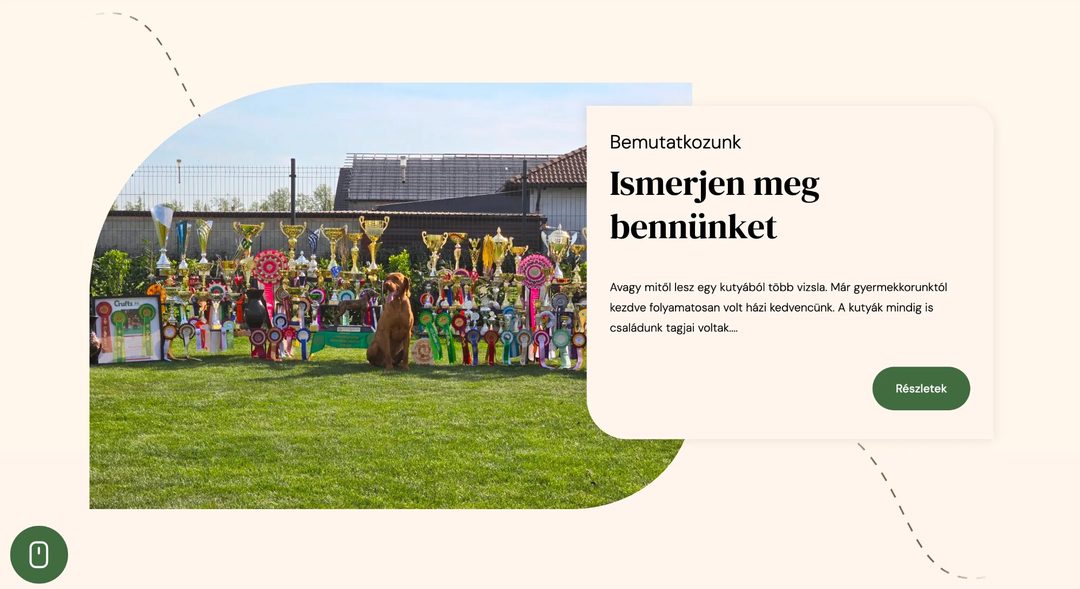 A Bemutatkozunk blokk a kennel kupáival és szaggatott vonalú út motívummal, a bal alsó sarokban az ugrás ikonnal