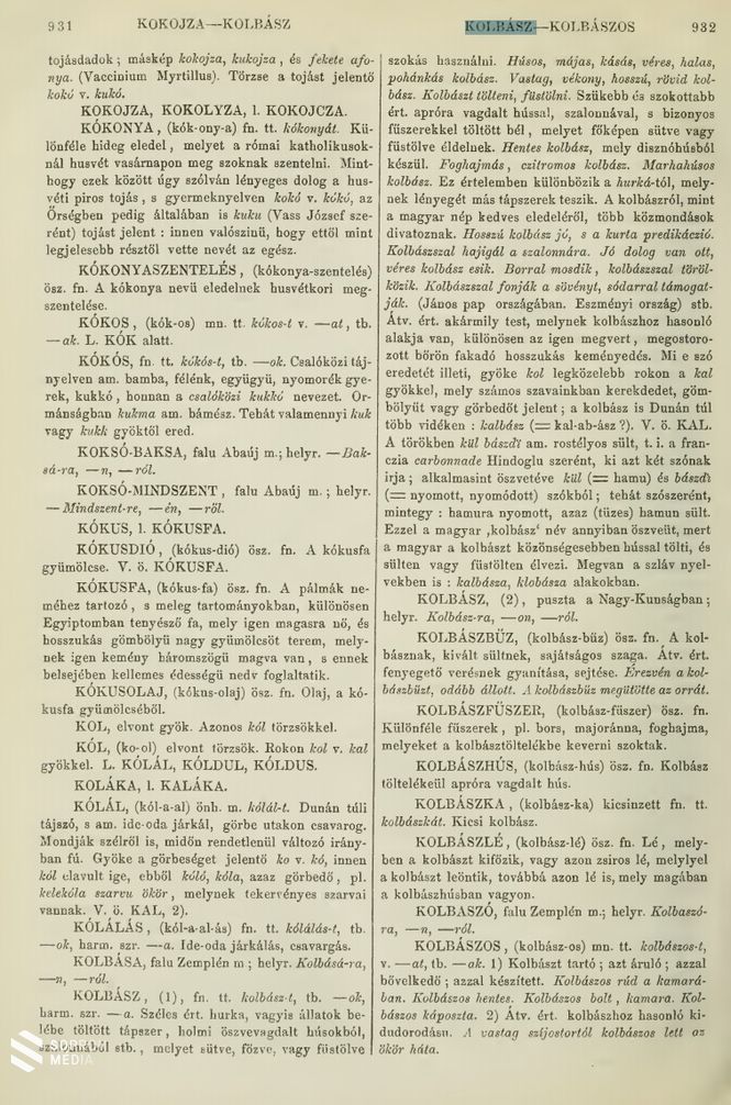 Czuczor Gergely és Fogarasi János: A magyar nyelv szótára című művének 931–932. oldala (1865) 