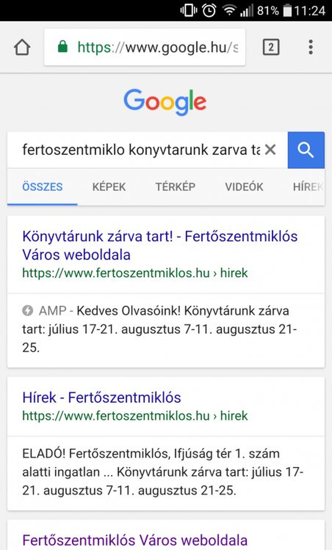 Mobilos Google-találati lista, ahol a fertoszentmiklos.hu egyik találata villám ikonnal és AMP jelöléssel szerepel