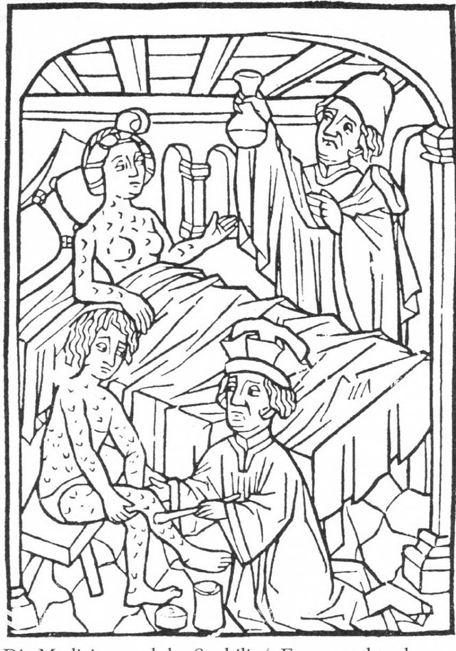 Szifiliszes betegek. A vérbaj a középkorban a leprához hasonlóan gyógyíthatatlan betegségnek számított (15. századi fametszet)