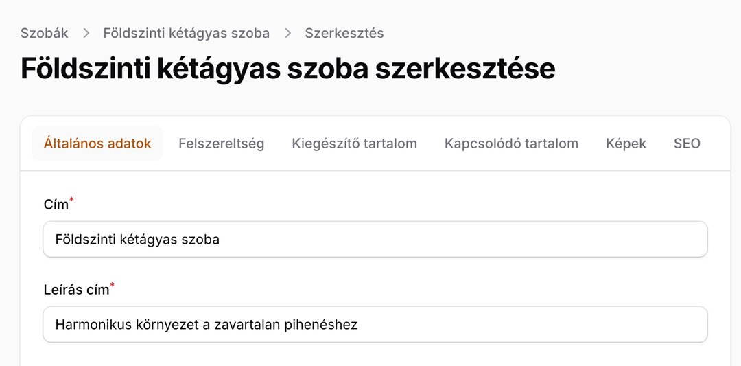 Az admin szobaszerkesztője: földszinti kétágyas szoba általános adatai, felszereltség, képek és SEO fülekkel