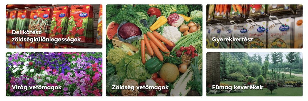 A webáruház fő termékkategóriái: delikátesz zöldségkülönlegességek, zöldségvetőmagok, gyerekkertész, virágvetőmagok és fűmagkeverékek