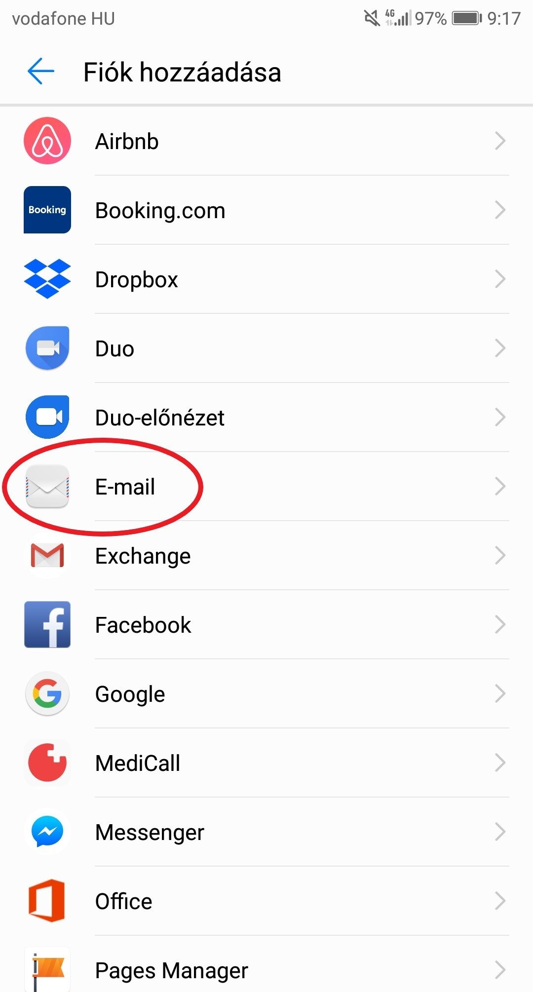 Android – Fiók hozzáadása: az E-mail pont bekarikázva
