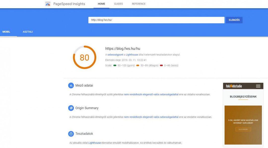 PageSpeed Insights mobilos eredmény a blog.fws.hu oldalra: 80 pont, átlagos sebesség