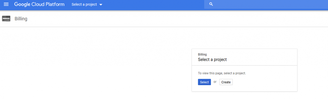 A Google Cloud Platform Billing oldala „Select a project” dobozzal, benne a Select és a Create gomb