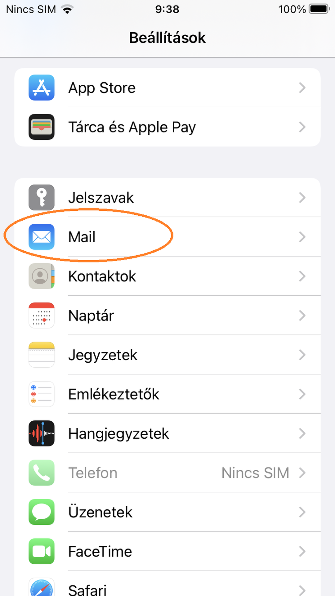 iPhone Beállítások – a Mail menüpont bekarikázva