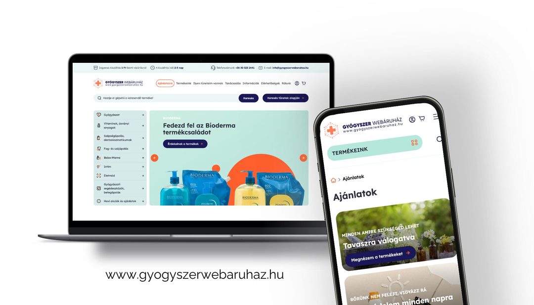 A Gyógyszer Webáruház nyitóoldala laptopon és mobilon