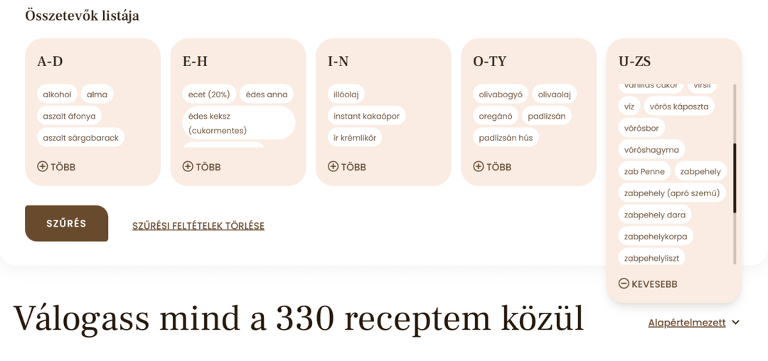 A „Mi van a konyhában?” szűrő: az összetevők betűrendes listájából választhatók ki az otthon lévő hozzávalók