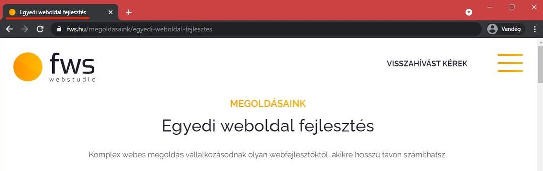 Chrome-ablak az fws.hu Egyedi weboldal fejlesztés oldalával, a böngészőfülön aláhúzva az oldal címe