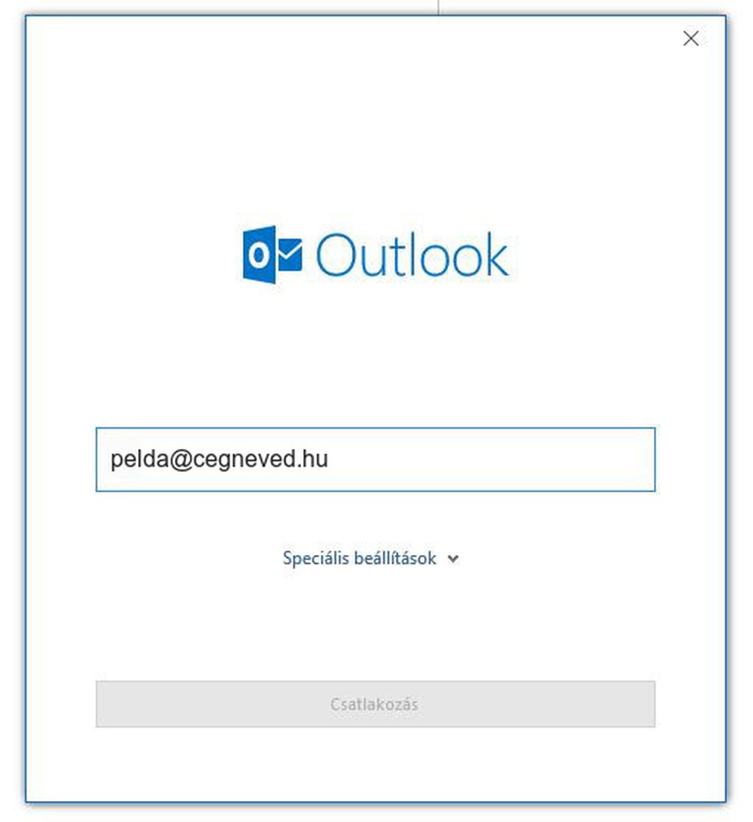 Outlook 2019 – az e-mail cím mező kitöltve: pelda@cegneved.hu