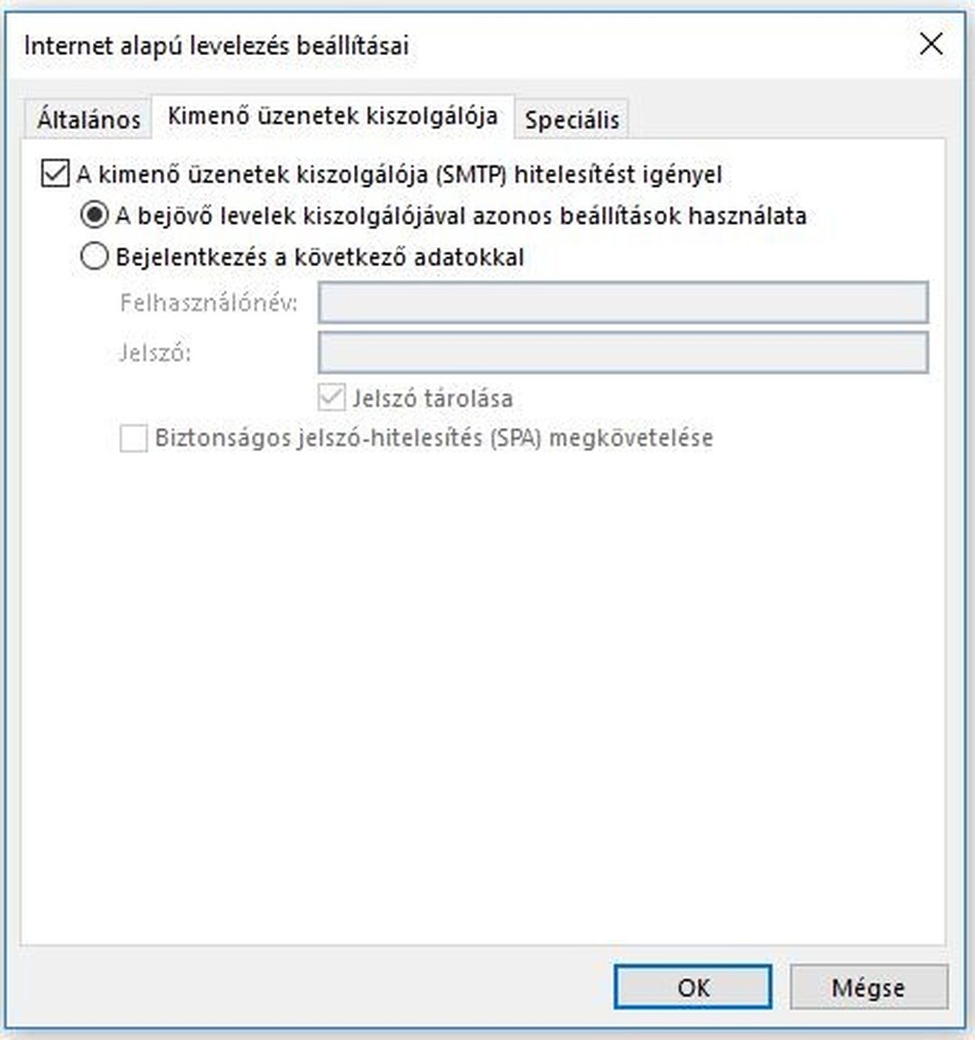 Outlook 2016 – Kimenő üzenetek kiszolgálója fül: az SMTP hitelesítés bepipálva