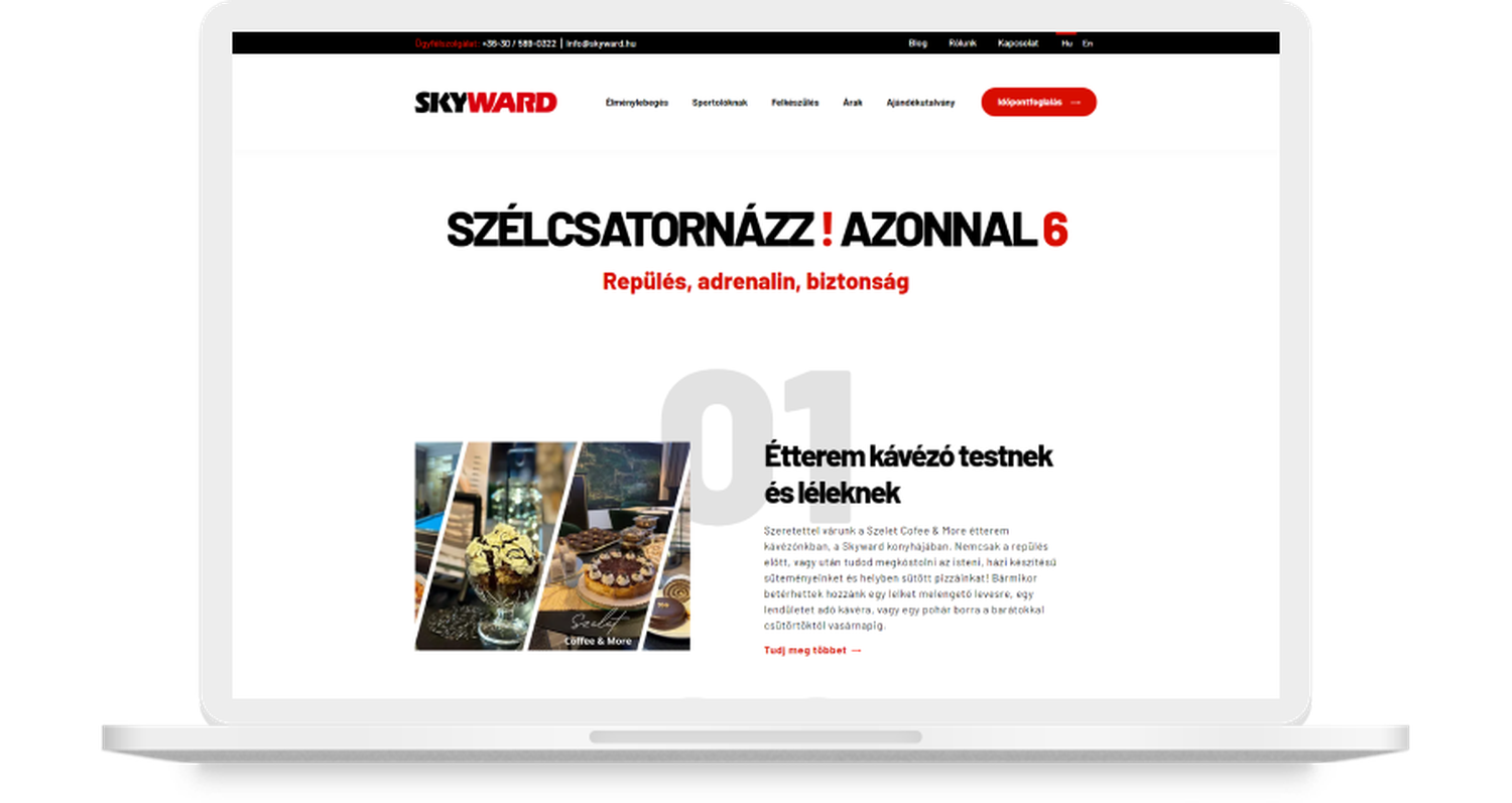 Skyward Szélcsatorna egyedi weboldala weboldalának asztali nézete