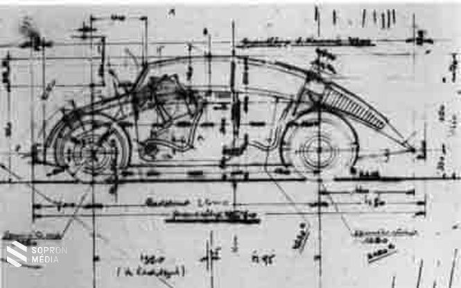 Vázlat 1929-ből. Barényi rajzolta meg az első Porsche sportautók vonalait is. A kocsikat már abban az időben biztonsági pedálokkal tervezte meg.