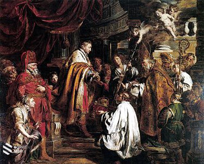 Pieter Jozef Verhaghen flamand festő 1770-ben készített munkája „Szent István fogadja a pápa koronát hozó követeit” címen a Nemzeti Galériában kiállítva