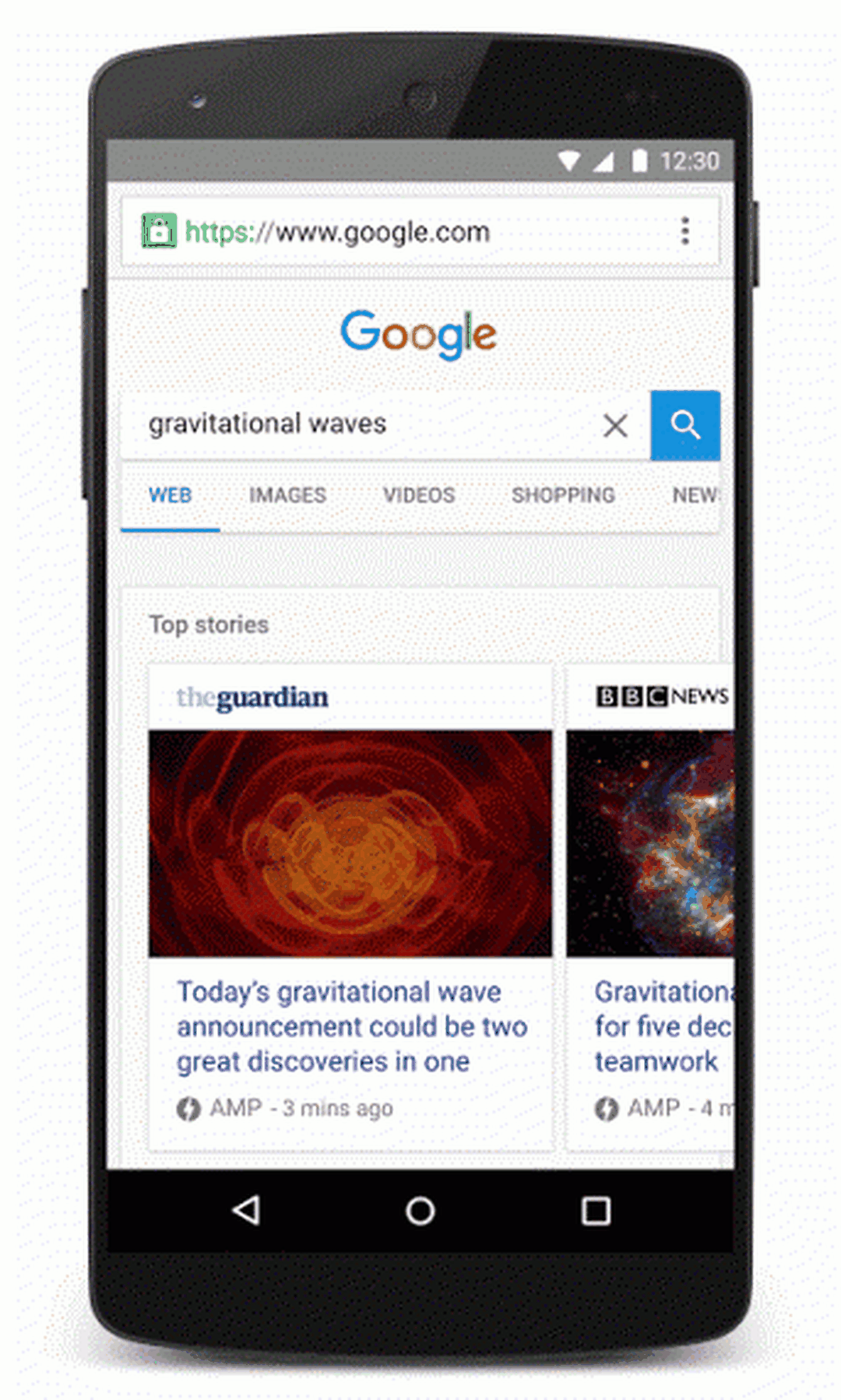 Animáció: mobilos Google-keresés „Top stories” csúszkája AMP jelölésű hírcikkekkel, oldalra lapozva