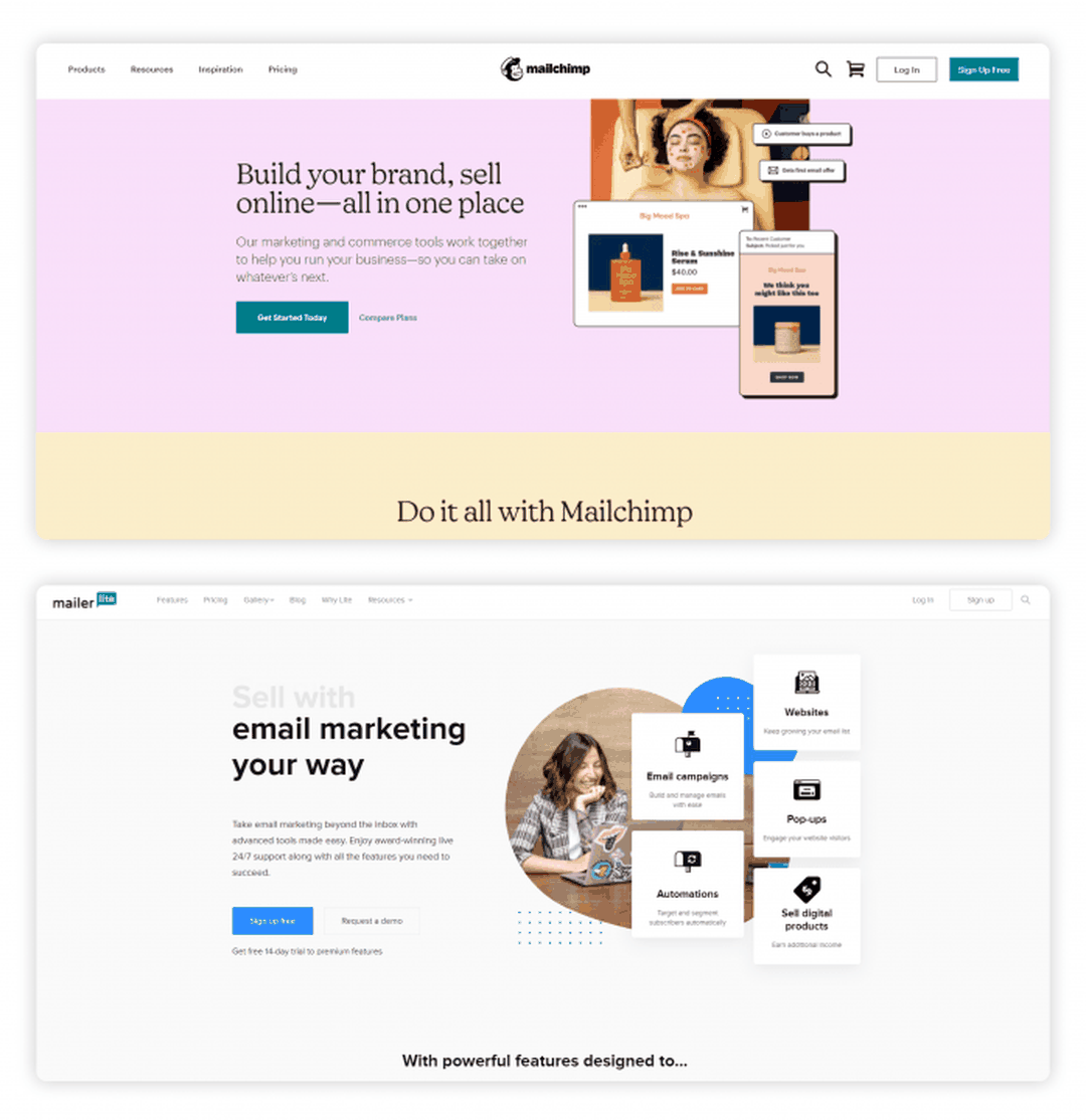 A Mailchimp és a MailerLite kezdőlapját láthatod a képeken