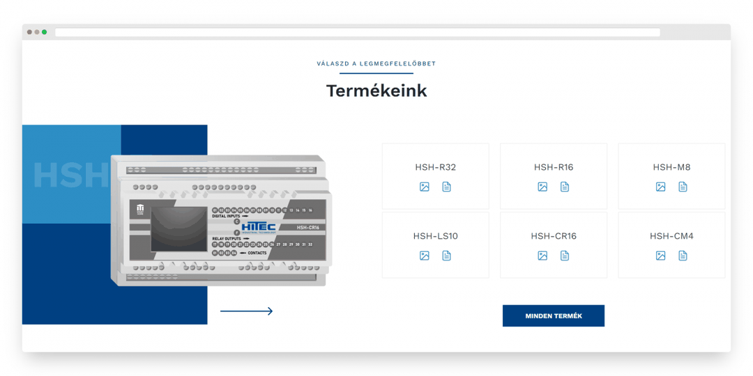 A HITEC Smart Home weboldalának Termékeink blokkja: a megújult HSH-CR16 vezérlőmodul HITEC logóval, mellette a HSH termékek listája