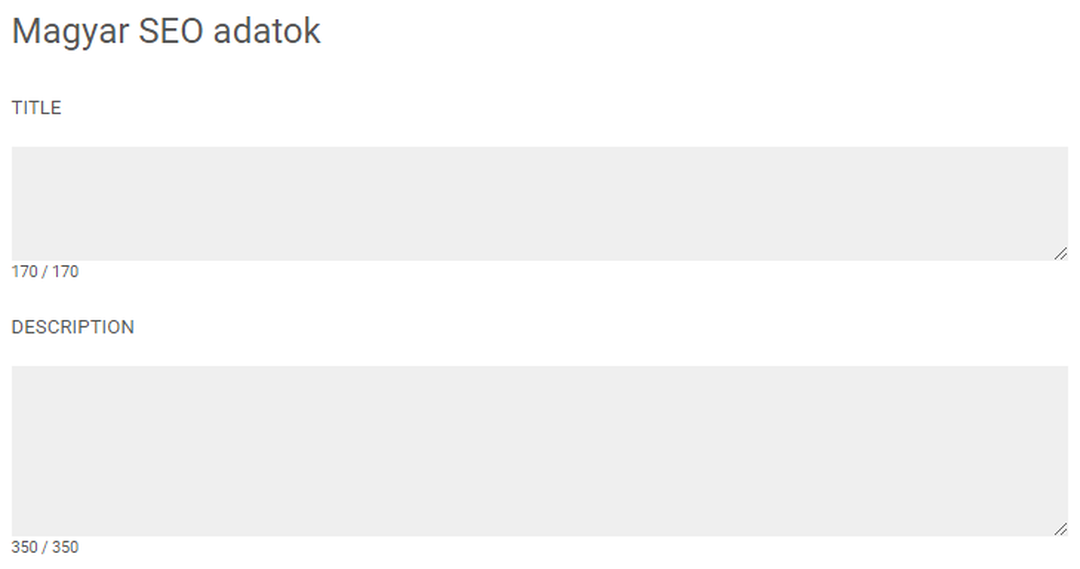 Az admin felület Magyar SEO adatok blokkja üres Title és Description mezővel, alattuk 170 és 350 karakteres számláló