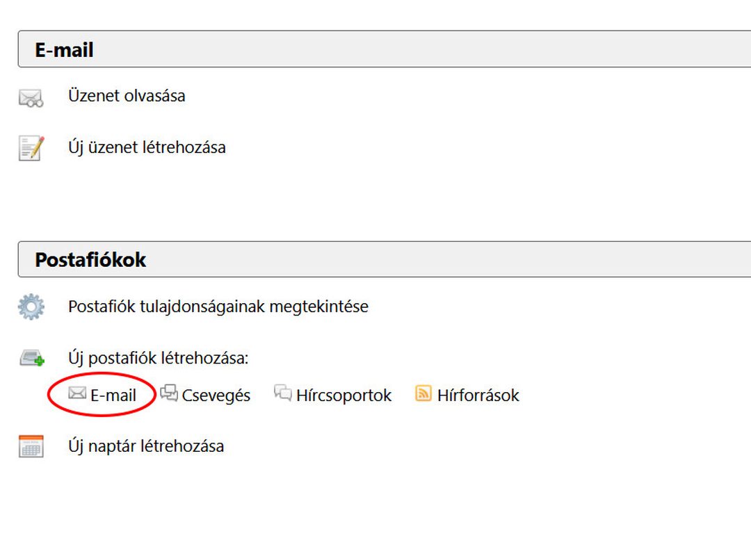 Thunderbird – Új postafiók létrehozása: az E-mail pont bekarikázva