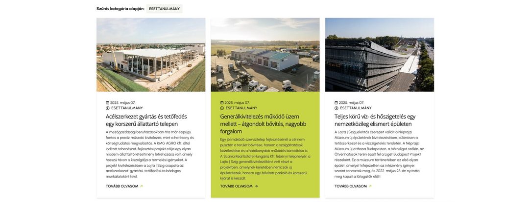Három esettanulmány-kártya a weboldalon: acélszerkezet gyártás, generálkivitelezés és víz- és hőszigetelés