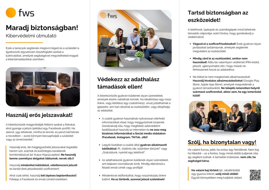 Diákoknak szóló kibervédelmi infografika: erős jelszavak, adathalász üzenetek felismerése, eszközök védelme és segítségkérés felnőttől
