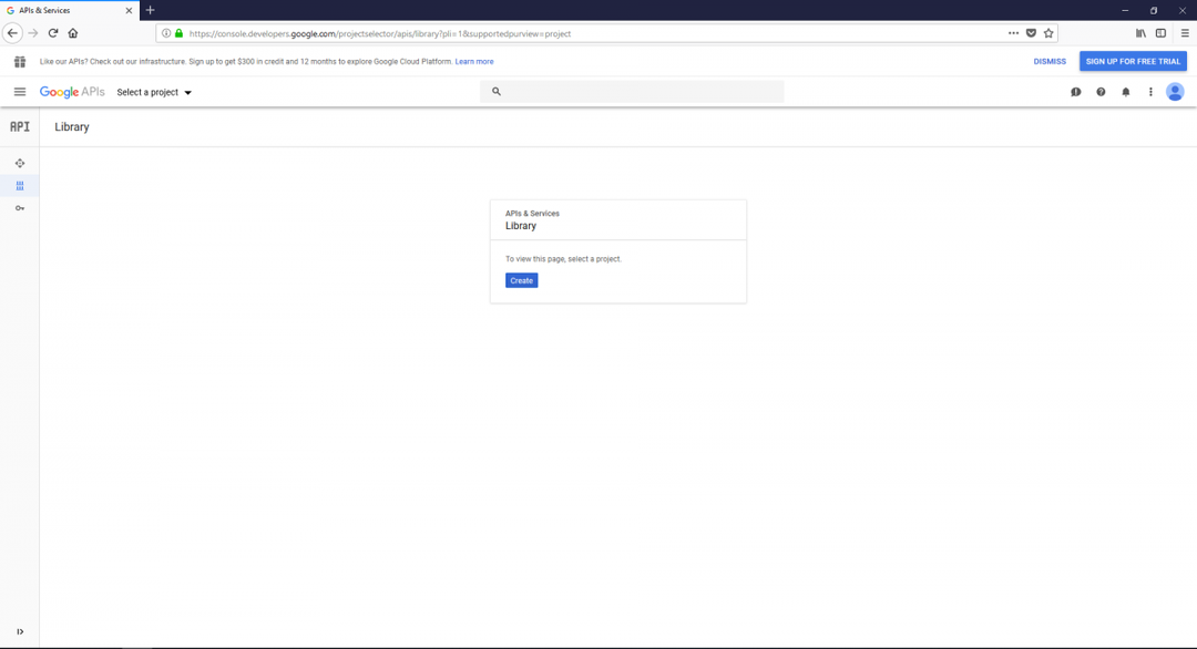 A Google APIs konzol Library oldala projekt nélkül, középen a „To view this page, select a project” üzenet és a Create gomb