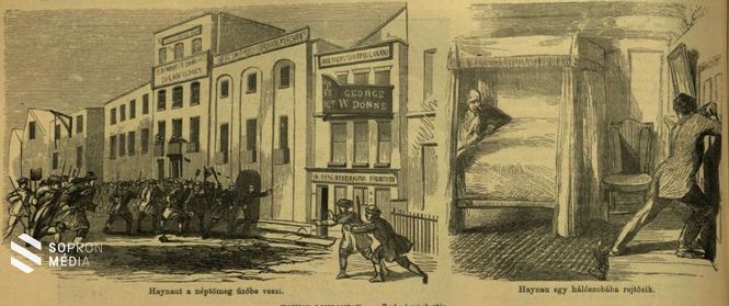 Balra: Haynaut üldözi a londoni tömeg. Jobbra: Haynau elbújik egy hálószobában (Vasárnapi Újság/MEK.hu)