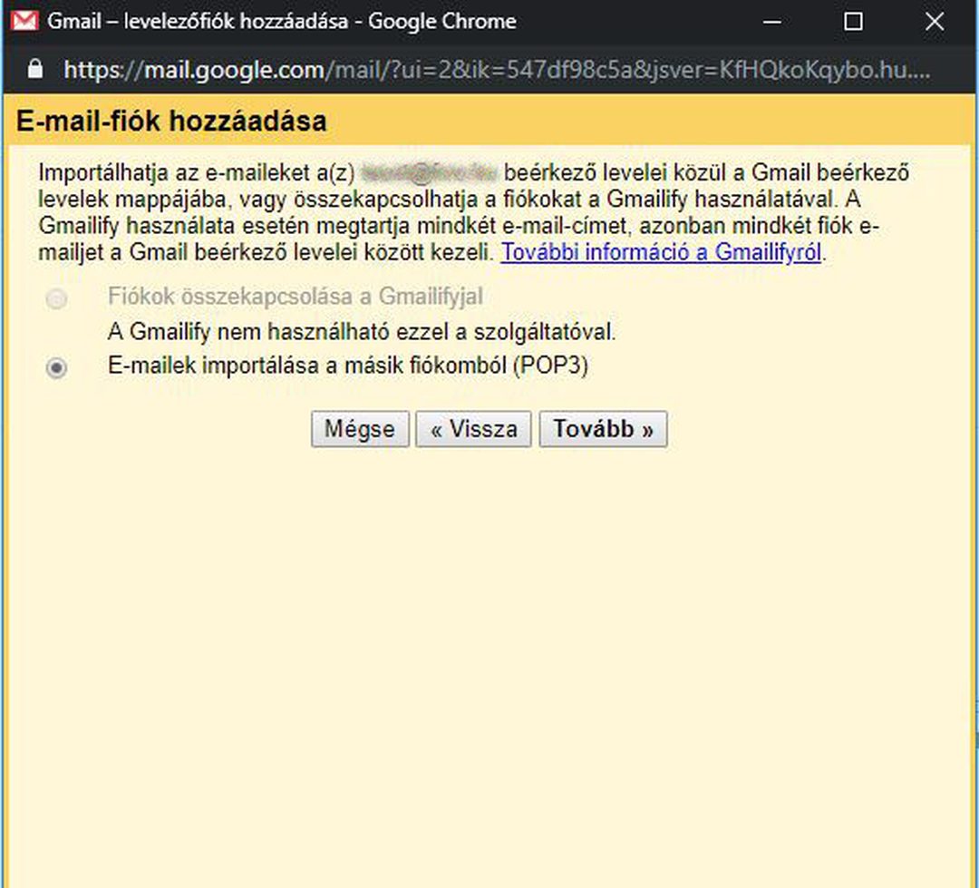 Gmail – az „E-mailek importálása a másik fiókomból (POP3)” lehetőség kiválasztva