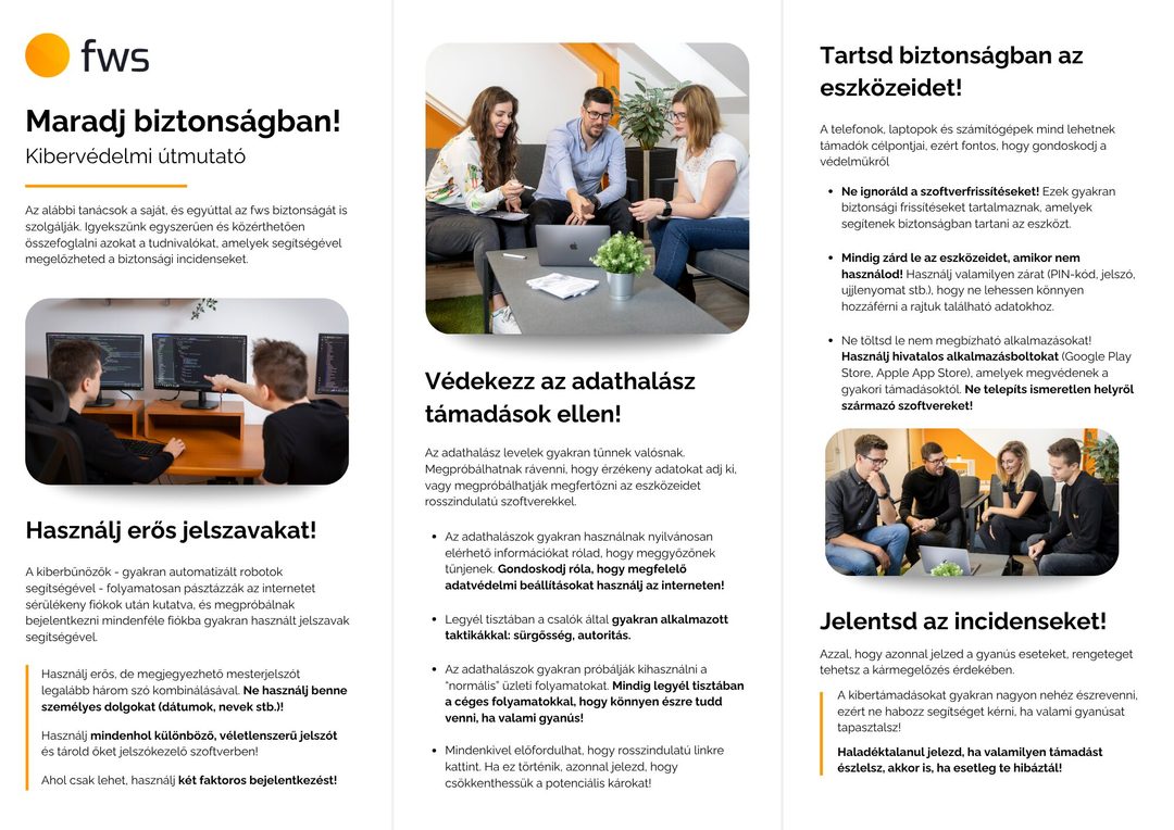 Az fws „Maradj biztonságban!” kibervédelmi infografikája: erős jelszavak, adathalászat elleni védekezés, eszközök védelme és incidensek jelentése