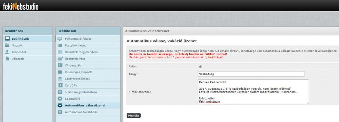 Webmail beállítások, Automatikus válaszüzenet: bekapcsolt „Aktív” jelölő, „Szabadság” tárgy és a szabadságot jelző üzenetszöveg