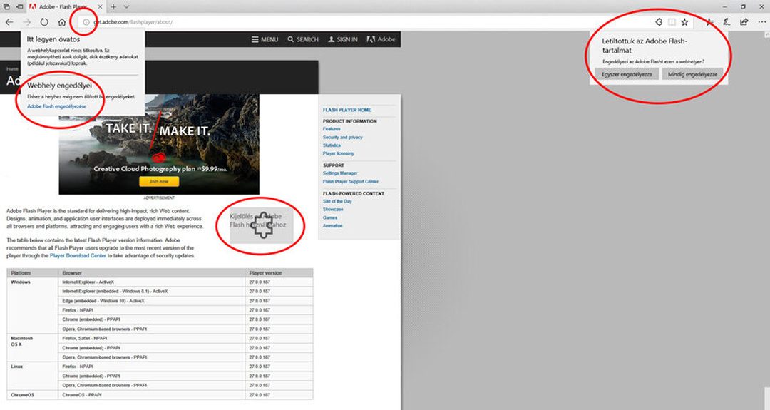 Az Edge böngésző az Adobe oldalán, bekarikázva a címsor (i) ikonja, a szürke puzzle ikon és a Flash engedélyezését kérő ablak