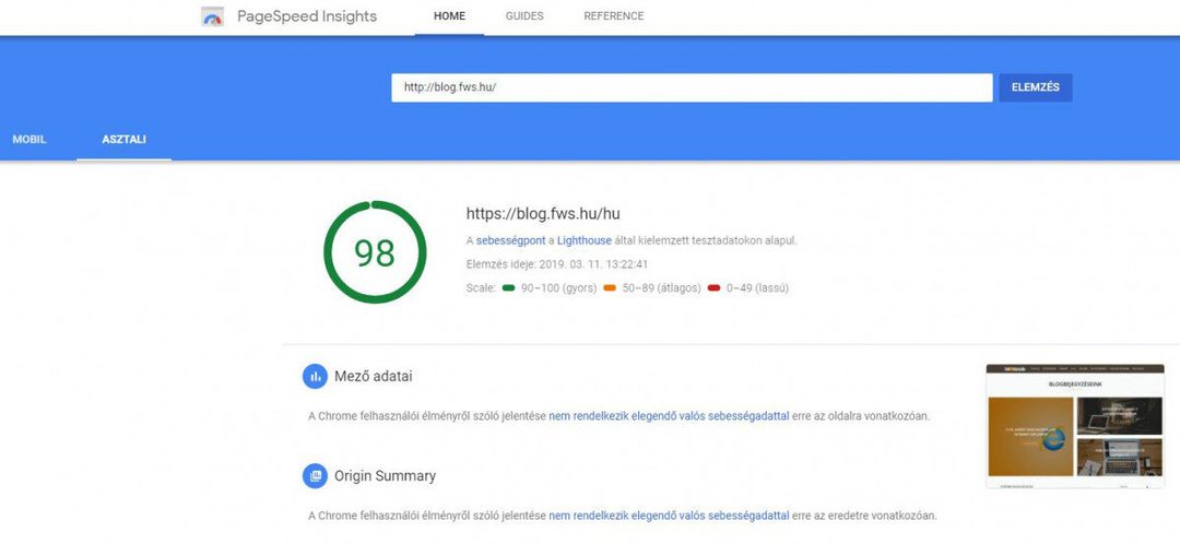 PageSpeed Insights asztali eredmény a blog.fws.hu oldalra: 98 pont, gyors sebesség