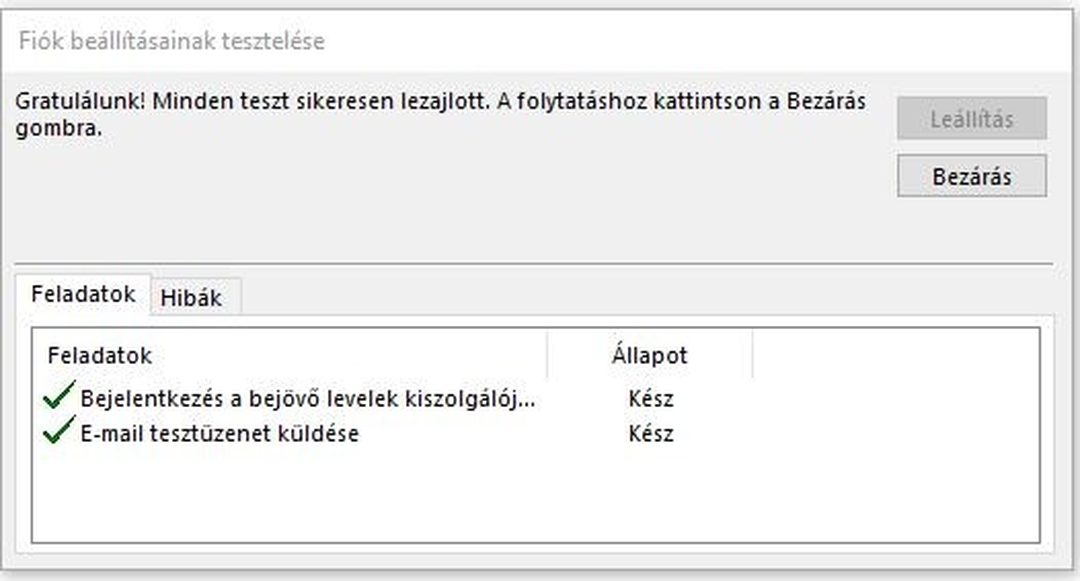 Outlook 2016 – Fiók beállításainak tesztelése: minden teszt sikeresen lezajlott