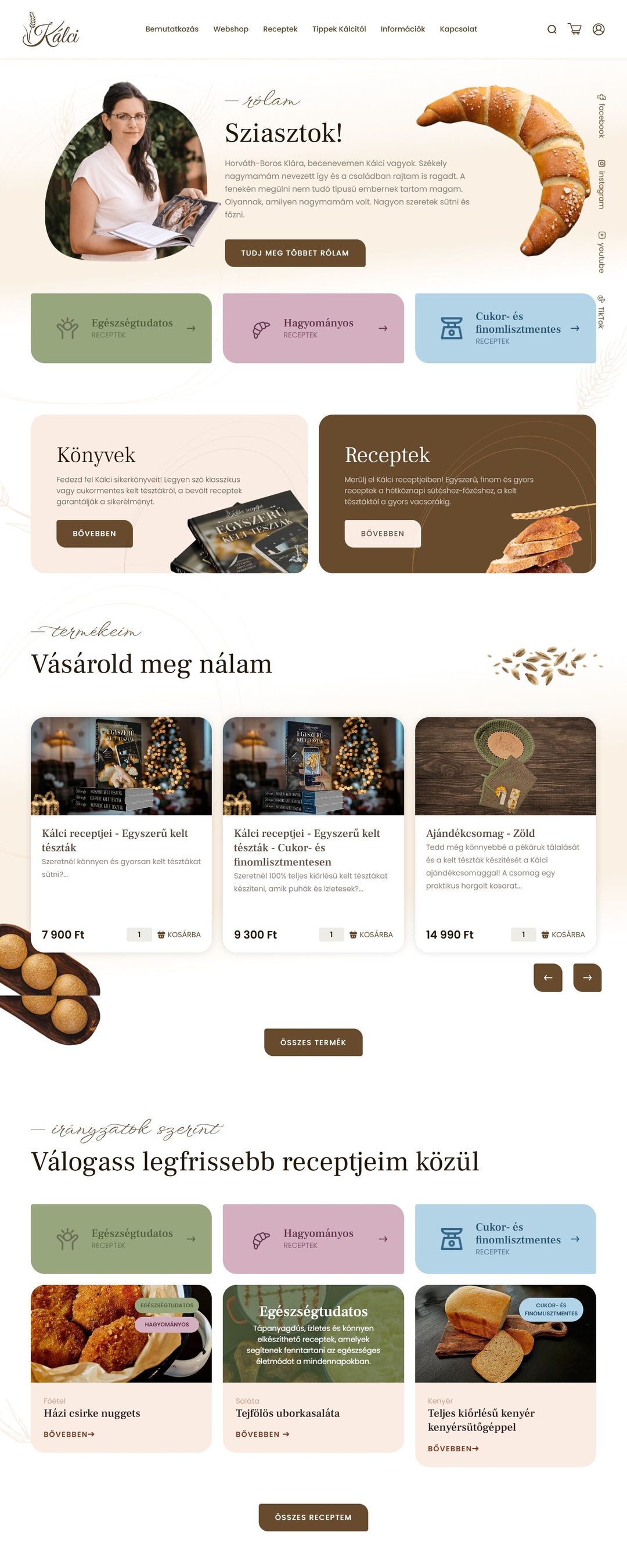 A Kálci receptjei weboldal nyitóoldala