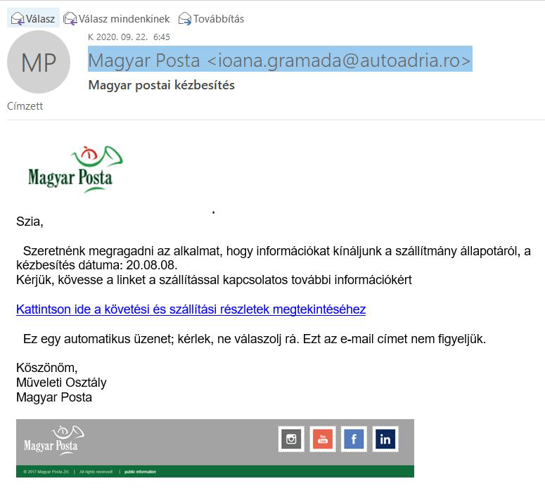 A Magyar Posta nevében küldött adathalász levél