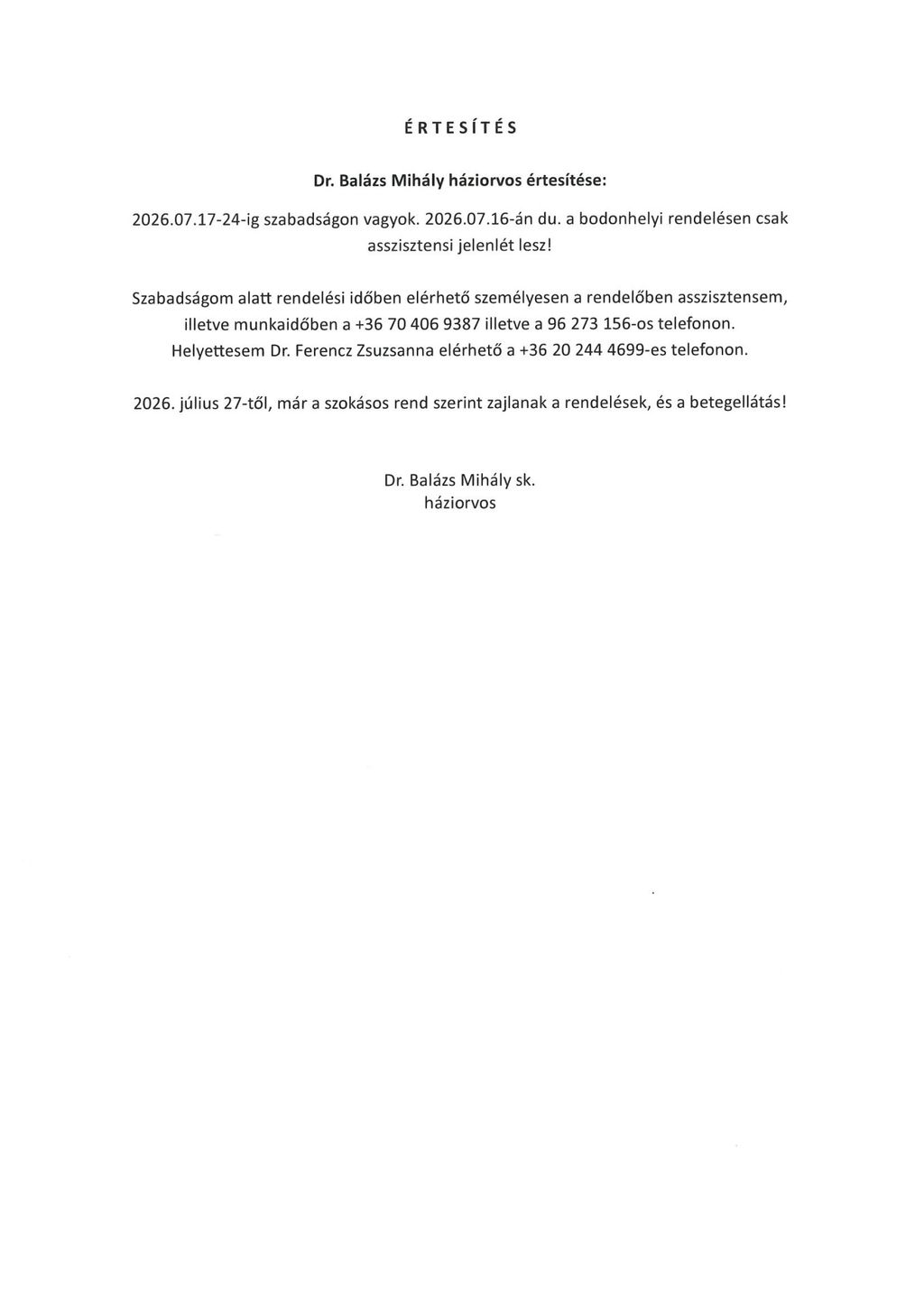 Háziorvos rendelés