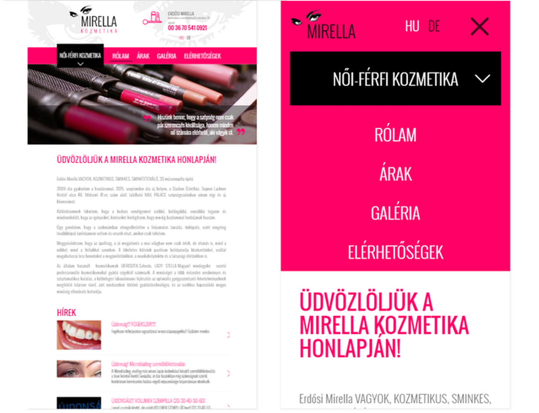 A Mirella Kozmetika honlapja asztali nézetben és mobilon, kinyitott menüvel, a kis kijelzőhöz igazított elrendezésben