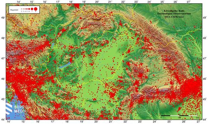 A Kárpát-medencében és környékén keletkezett 456 és 2015 között kipattant földrengések térképe