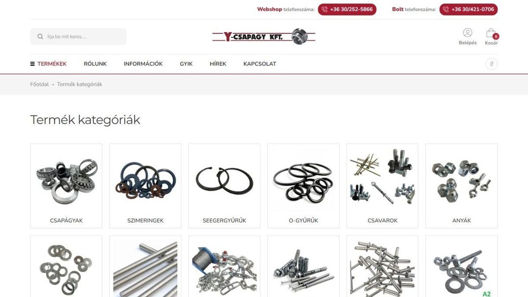 Az Y-Csapágy webáruházának termékkategóriái