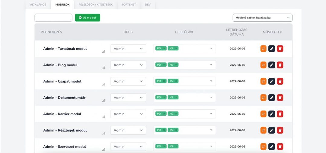 Projektmenedzsment szoftverünk Modulok lapja a GYSEV CARGO weboldal admin moduljaival: tartalmak, blog, csapat, dokumentumtár, karrier, részlegek, szervezet
